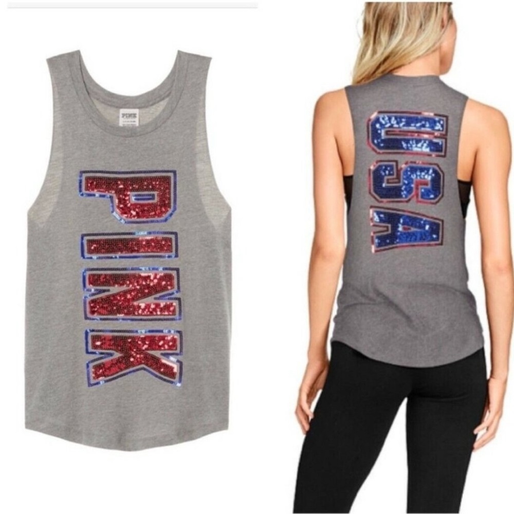 PINK Victoria’s Secret Sequin Bling Patriotic USA Gray Tank Top Size Small